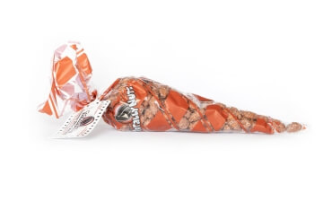 1/2 pound of fresh roasted, crunchy cinnamon glazed almonds inside a red and clear Totally Nutz polycone bag