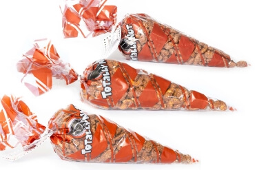 one 7 oz bag of each cinnamon glazed nut in a Totally Nutz red striped polycone: Almonds, cashews, and pecans, bundle of 3 polycones of cinnamon glazed nuts